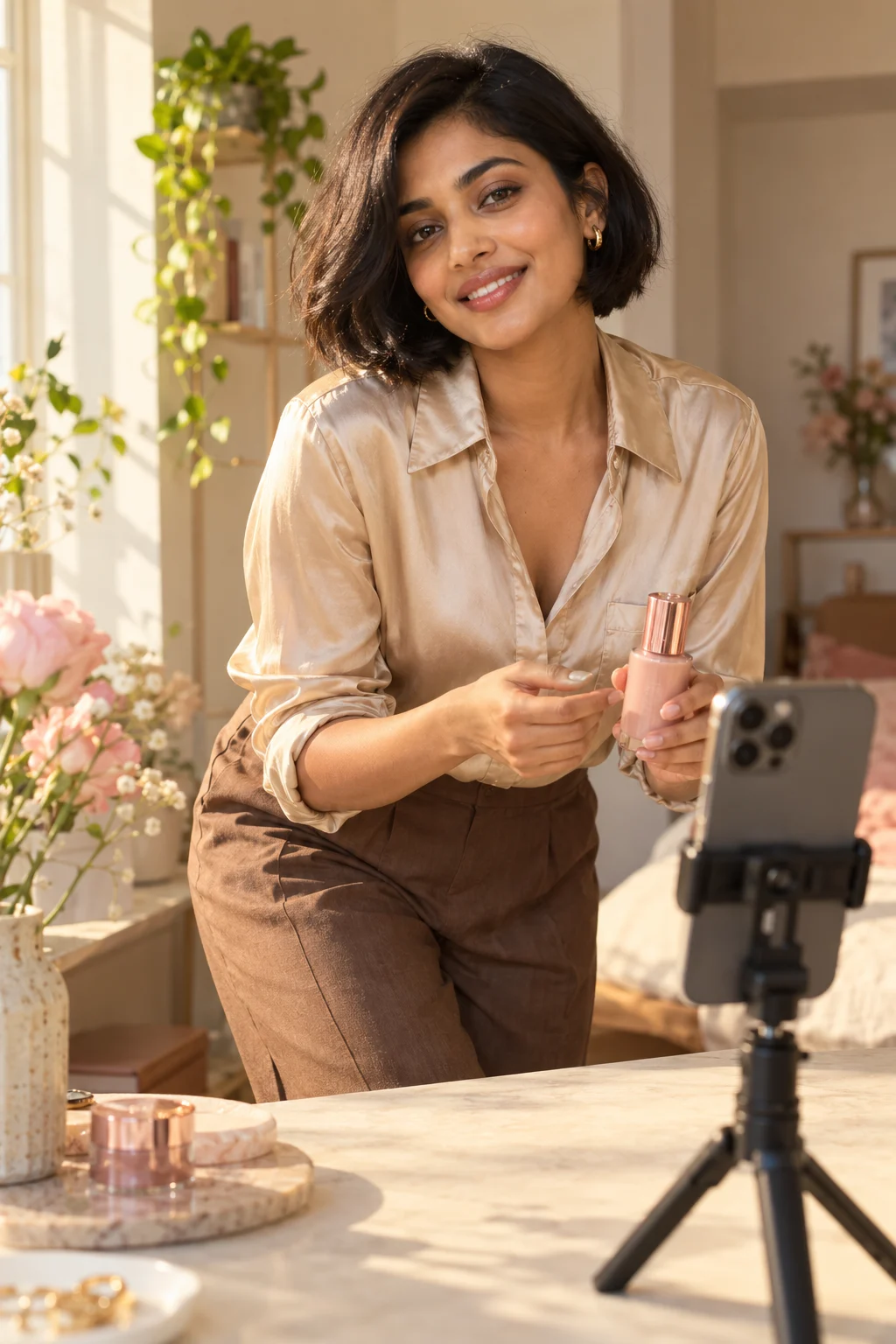 AI-created Indian female creator with short hair filming a product story
