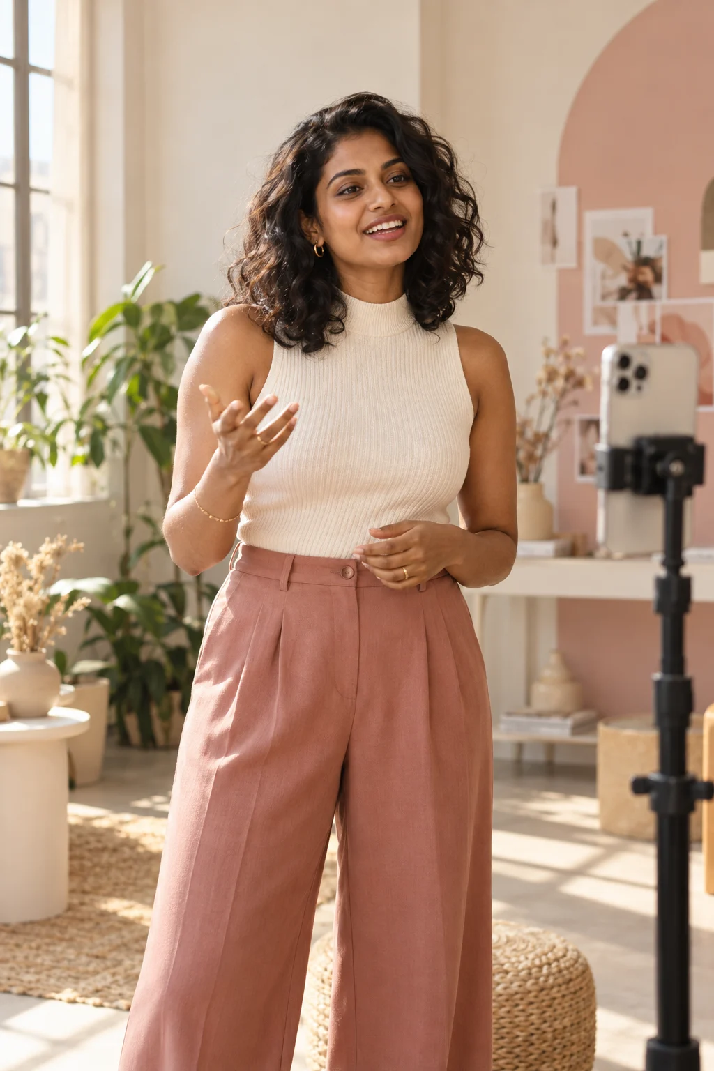 AI-created Indian female presenter with curly hair recording a short video