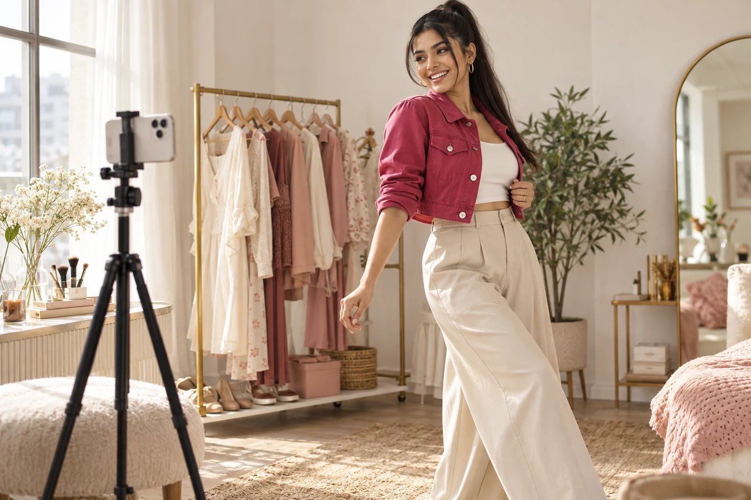 AI-created Indian woman in a raspberry jacket and ivory trousers filming a fashion Reel